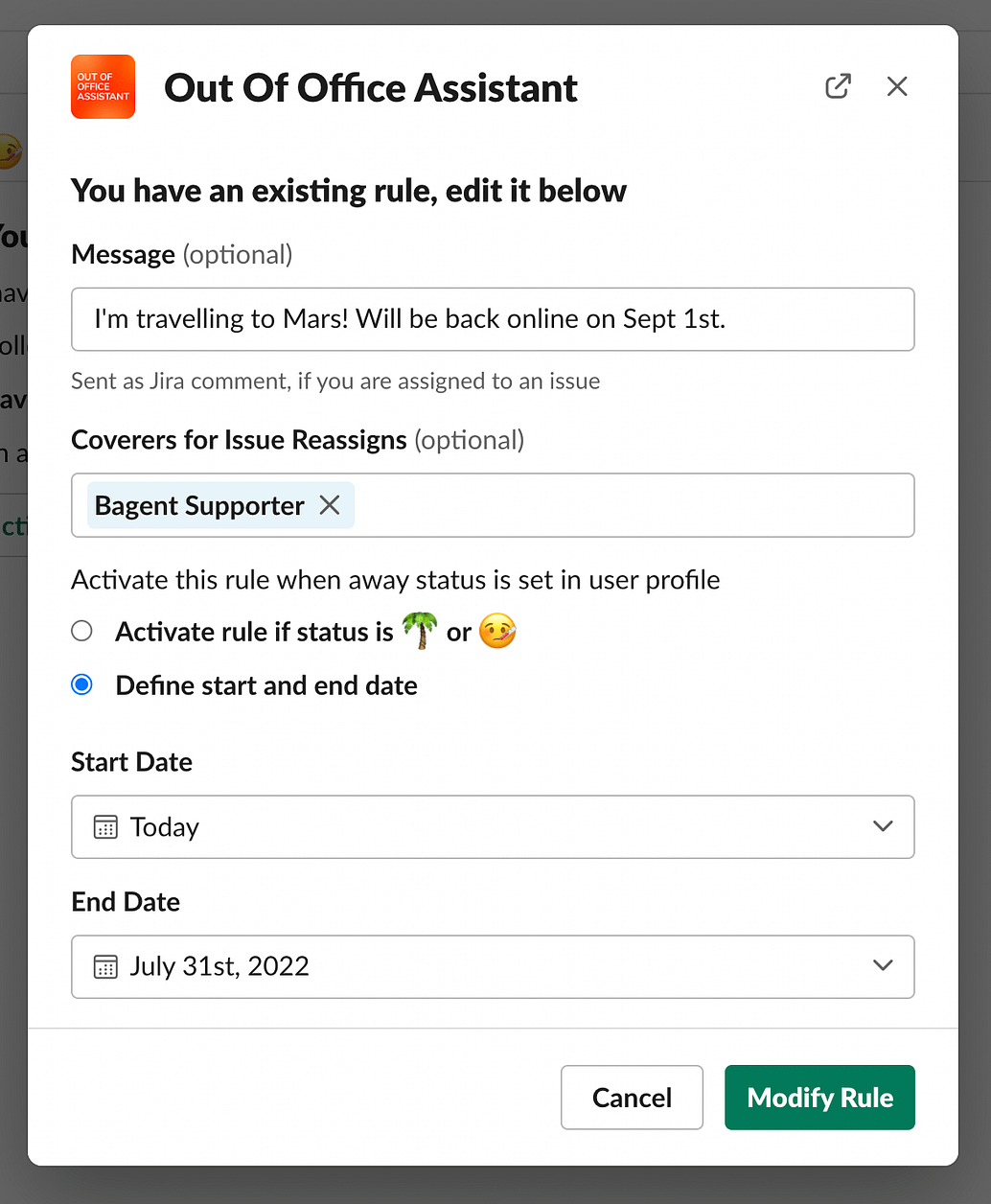 Slack form to send in new Out of Office rules when you're about to go on vacation