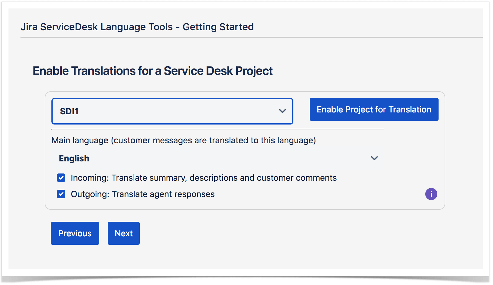 screen to enable automatic translations in Jira Service Desk projects