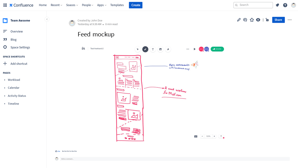 InVision mockup embedded in Confluence Cloud