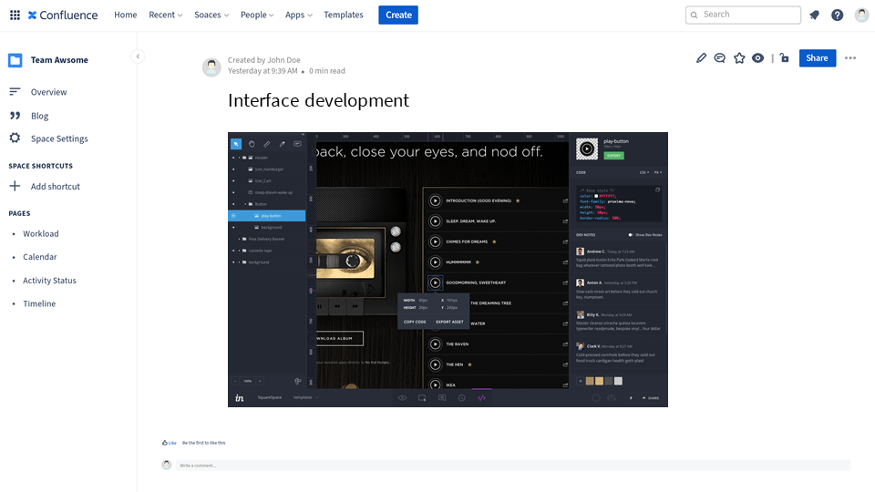 inspect mode of InVision embedded in Confluence
