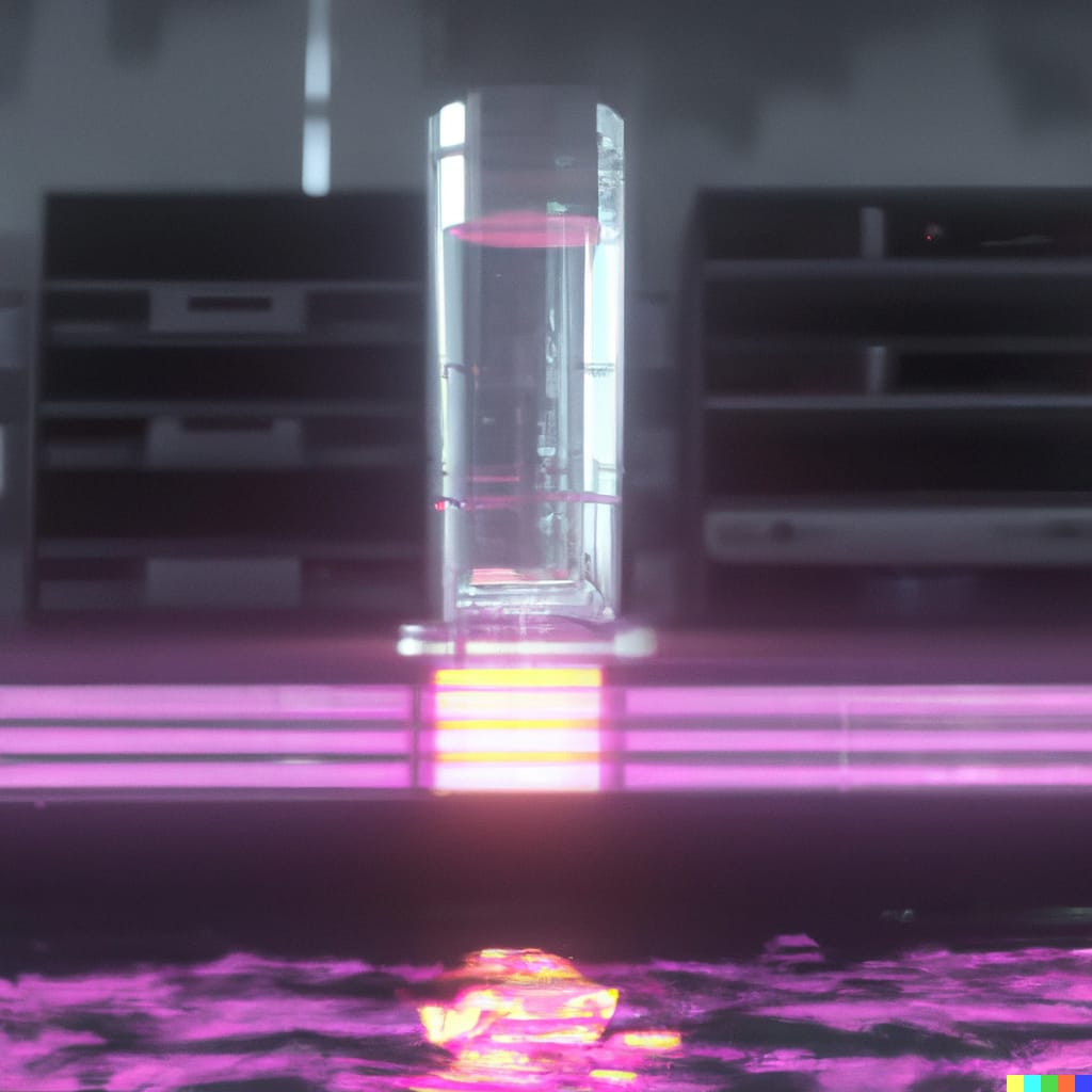 Cylindrical crystal in front of two empty servers