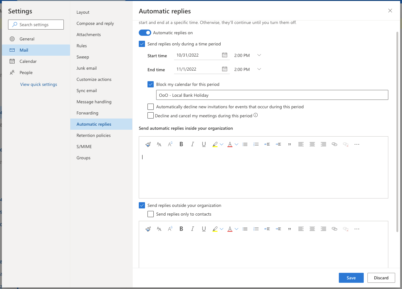 The configuration of automatic replies in Outlook