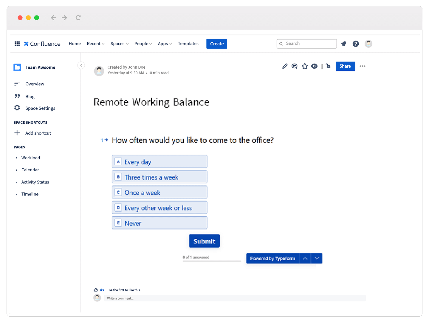 Employee survey in Typeform for Confluence