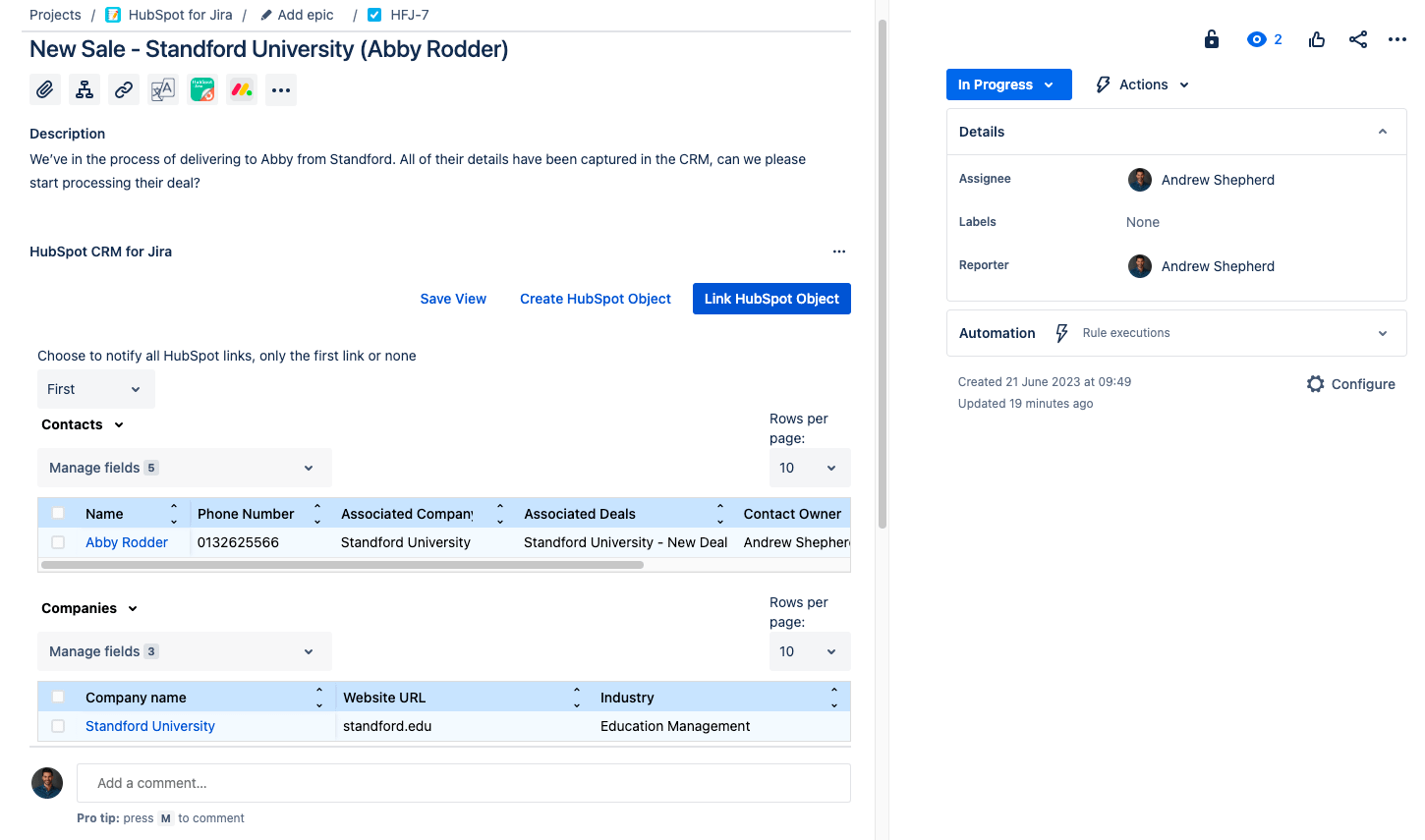 A Jira ticket linked to HubSpot contacts and companies