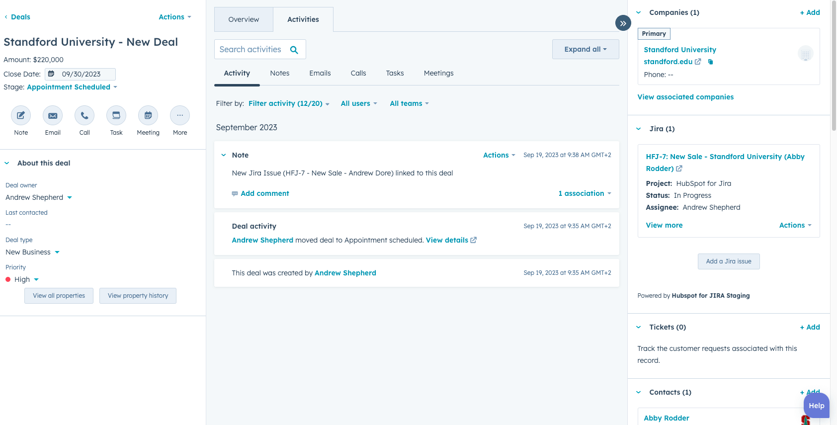 View of a HubSpot deal integrated with a Jira ticket.