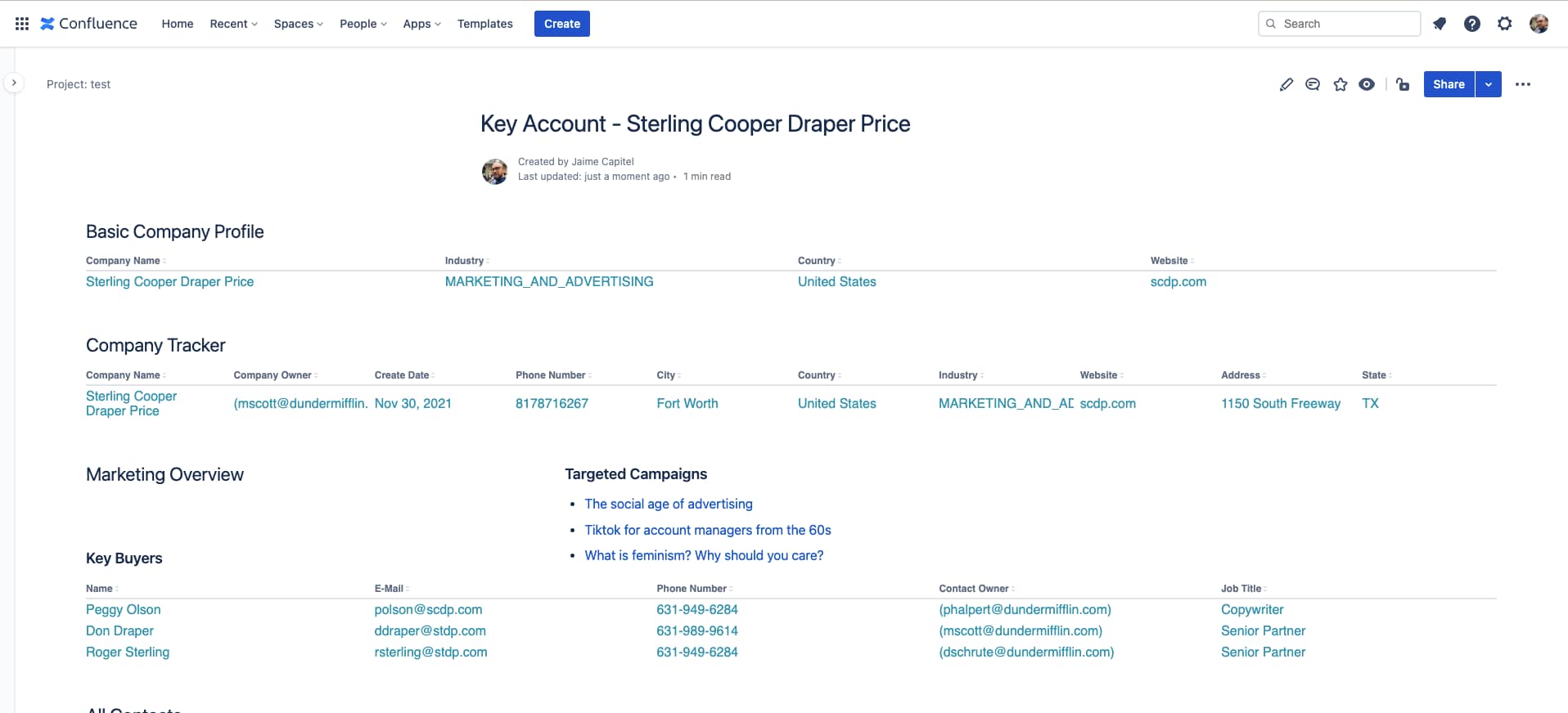 Key account Confluence page with HubSpot CRM data
