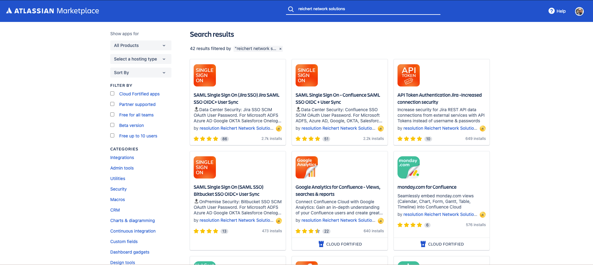 The Atlassian Marketplace with resolution's 42 published apps 