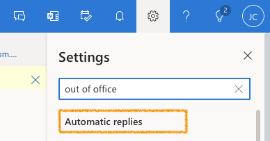 automatic replies option in the Office365 settings
