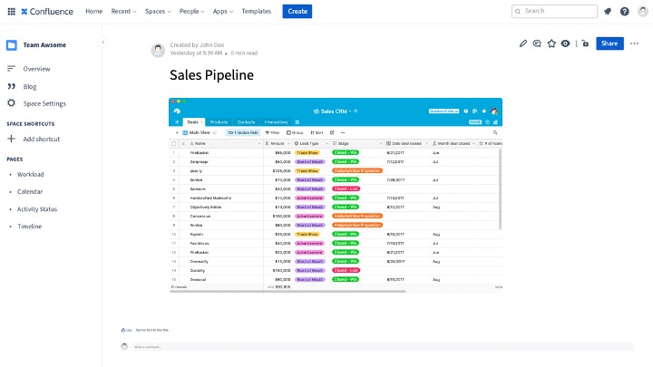 sales pipeline built in Airtable and embedded in Confluence