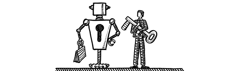 Freehand drawing of robot with keyhole in torso standing next to manager embracing a huge key. Technology metaphor for human computer interaction, HCI, security, secure access, control, interface.
