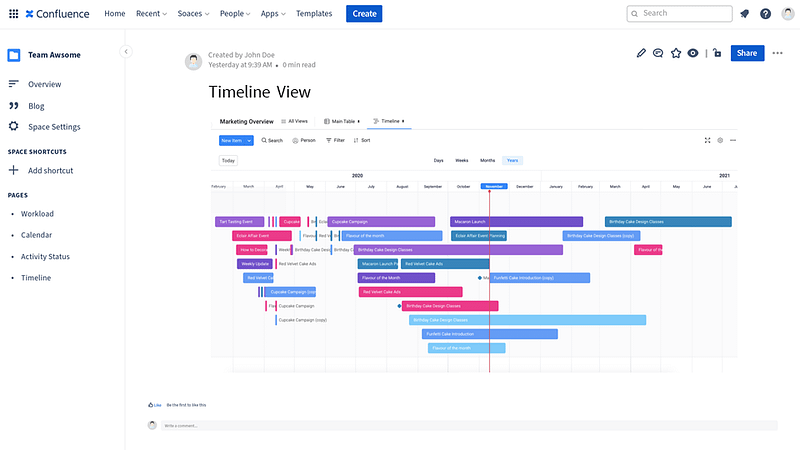 mondaycom timeline view embedded in Confluence