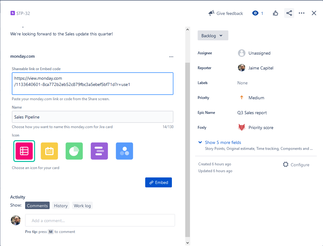 monday.com link in a Jira issue