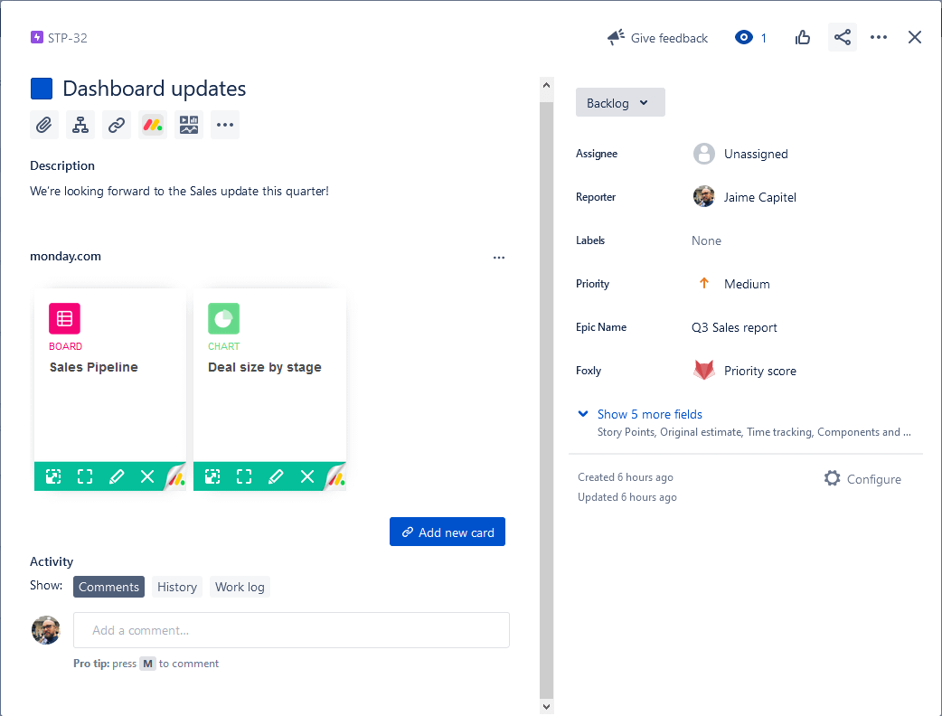 two monday.com boards embedded in a Jira issue