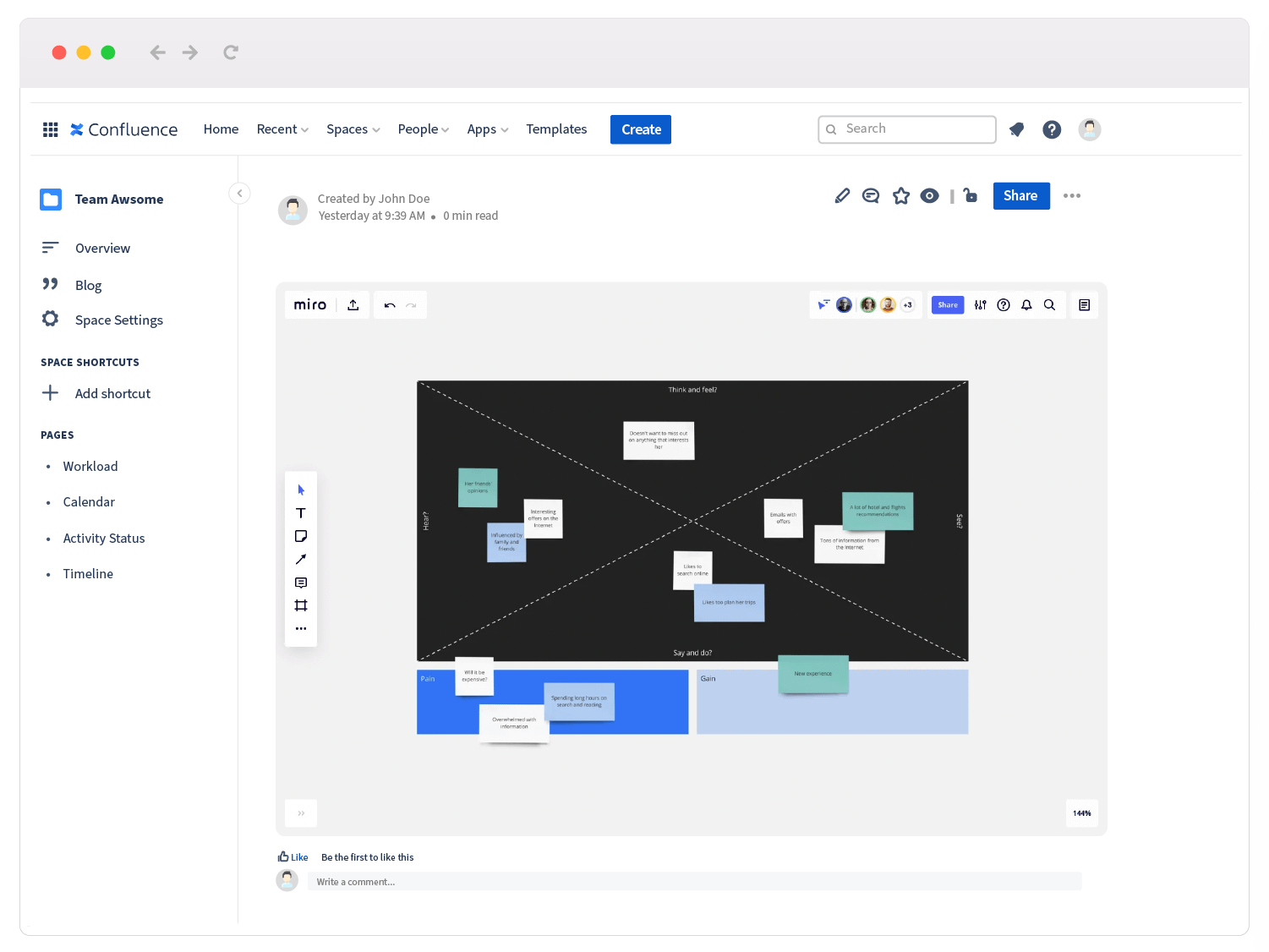 empathy map in Miro embedded in Confluence
