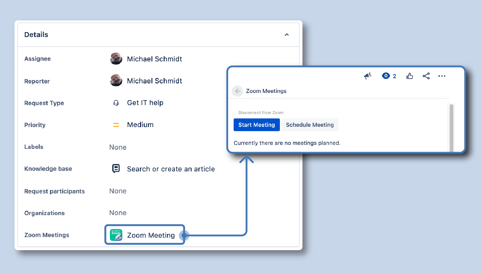 Start Meeting button triggered by the Zoom plugin for Jira app