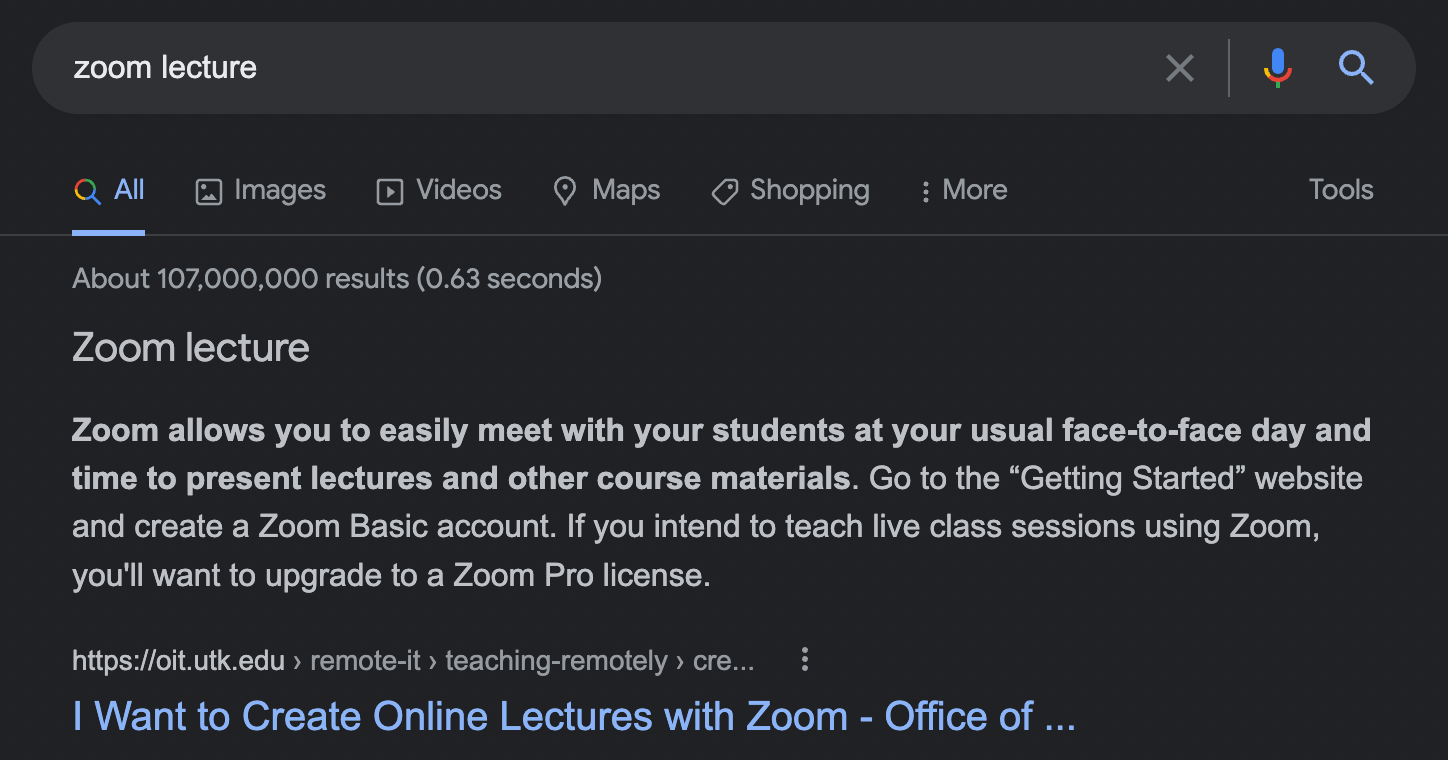Zoom lecture featured snippet in Google