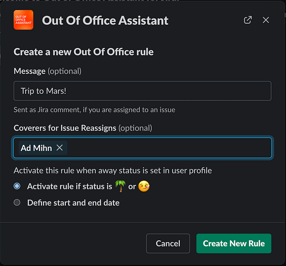 Form to create a new Out of Office rule in the integration for Slack