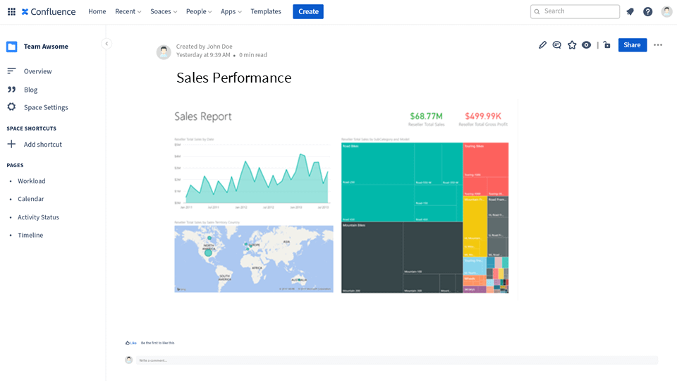 Sales Performance report in Power BI embedded in Confluence