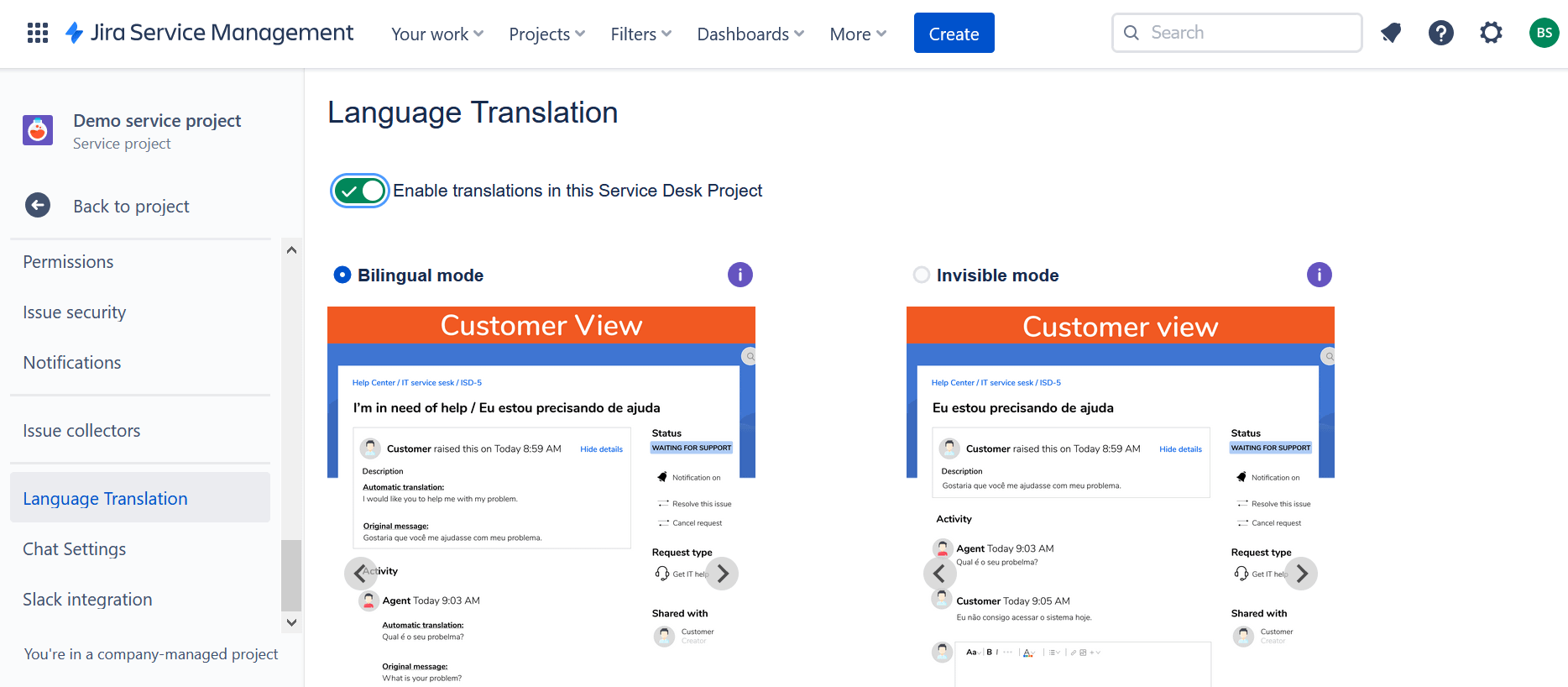 Configuring translations in a Jira Service Desk Project