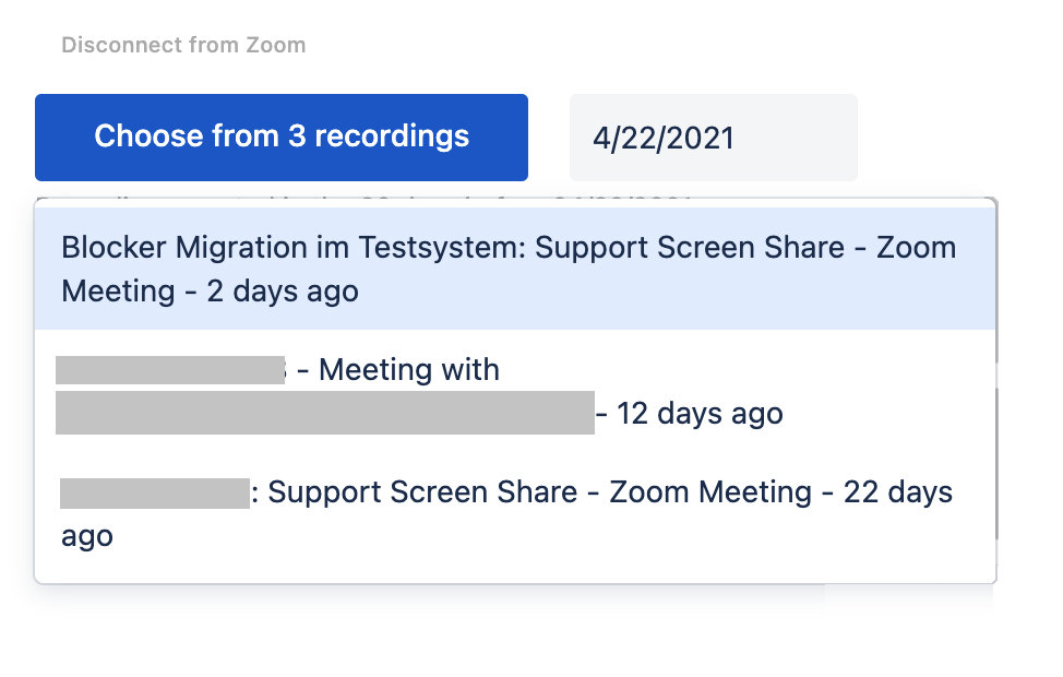 choosing a Zoom recording to embed in Confluence
