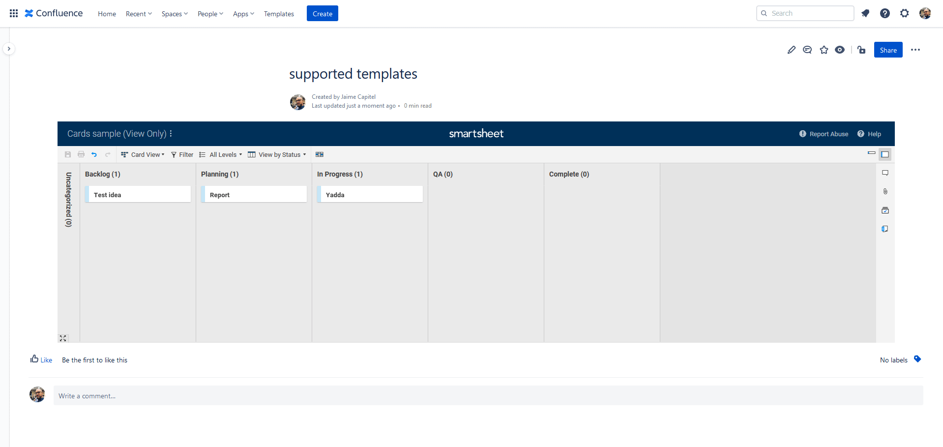 a sample card view embedded in Confluence