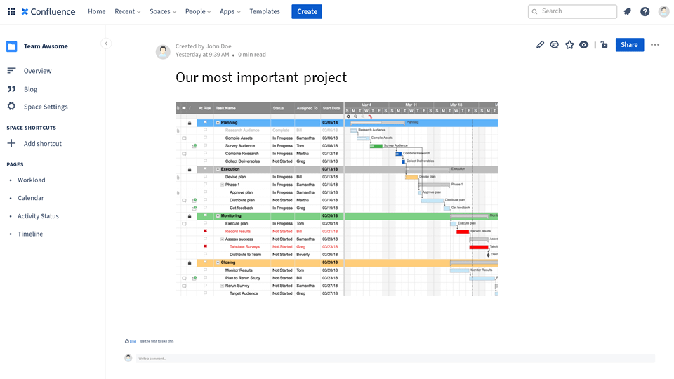a waterfall Smartsheet project embedded in Confluence