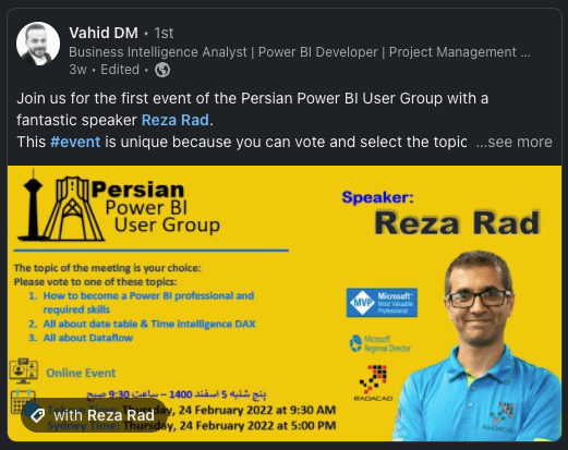 Vahid’s announcement of the first event of the Persian PowerBI User Group