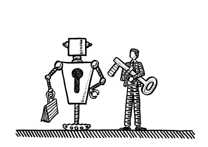 Freehand drawing of robot with keyhole in torso standing next to manager embracing a huge key. Technology metaphor for human computer interaction, HCI, security, secure access, control, interface.